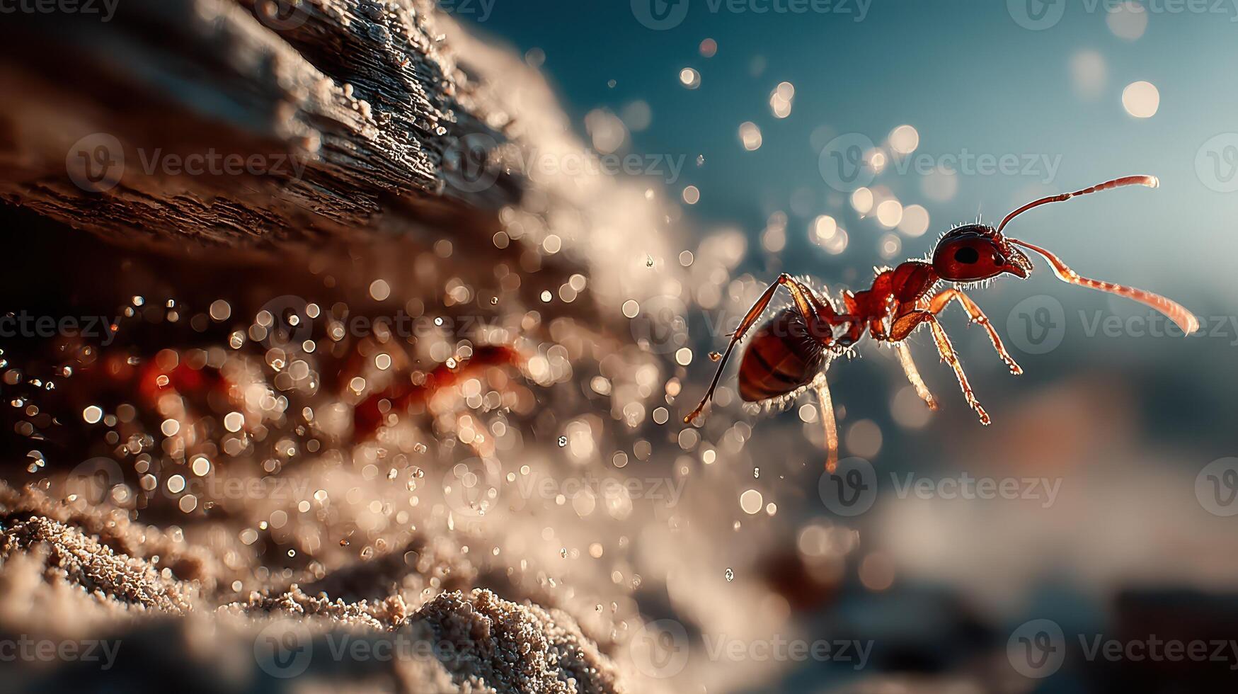 Ants actively foraging around their nest at sunrise in a natural habitat filled with fine sand and glistening droplets photo
