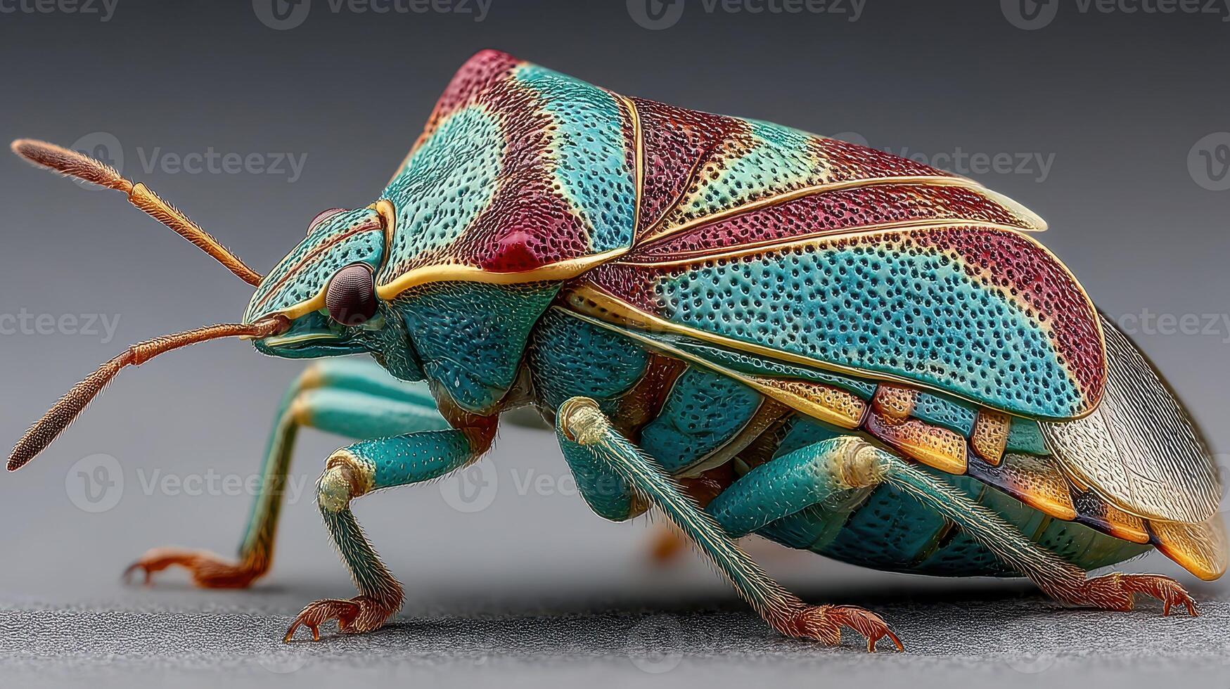 Colorful insect with intricate patterns observed in close-up during daylight in a natural setting photo