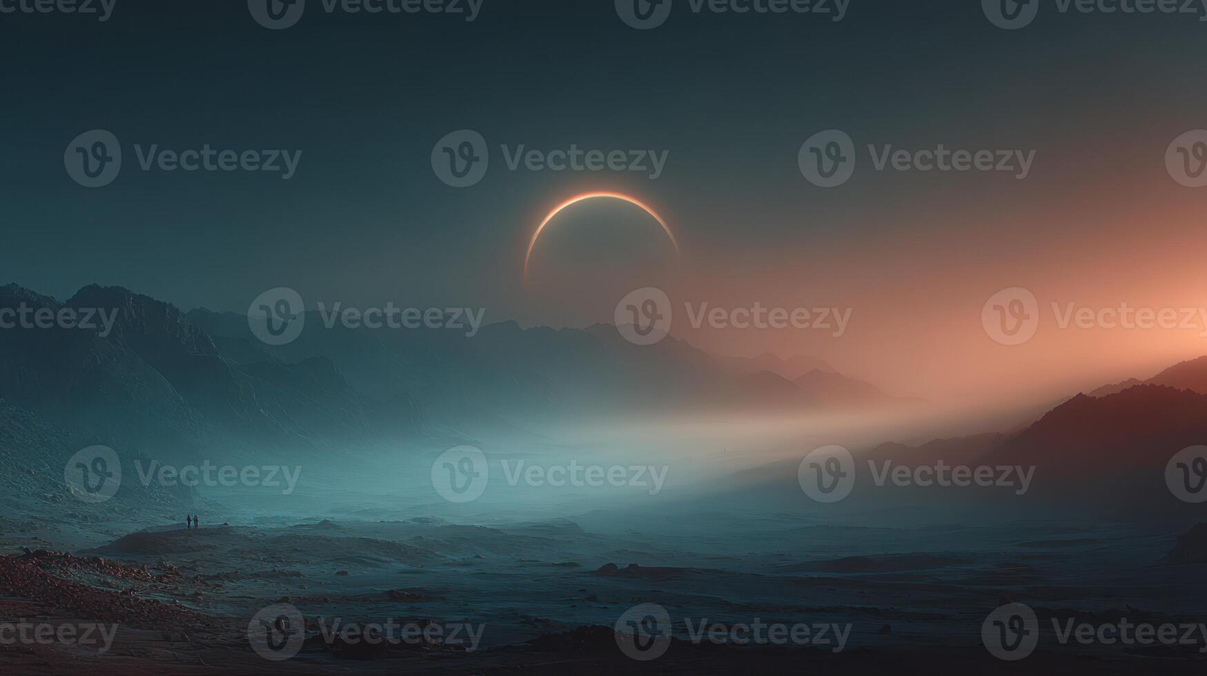 Stunning celestial event reveals a crescent sun over a mystical landscape at twilight photo