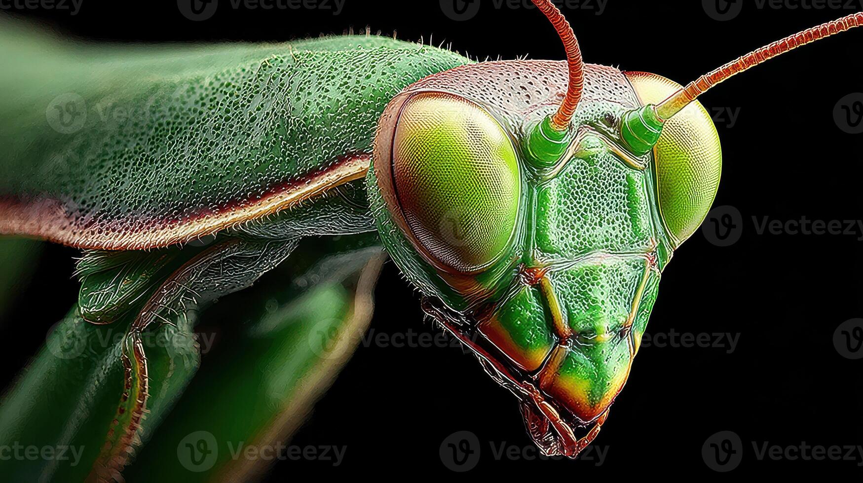 Detailed close-up of a colorful green mantis revealing intricate features in a dark background photo