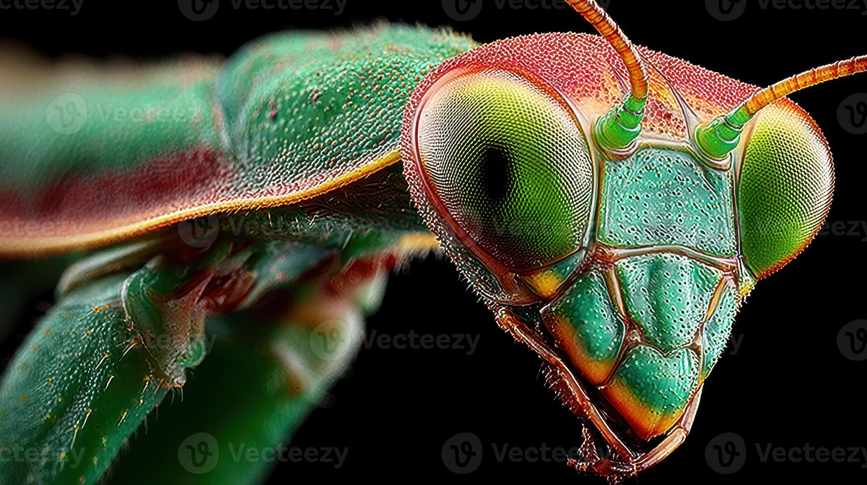 Close-up view of a vibrant green insect showcasing its intricate details against a dark background photo