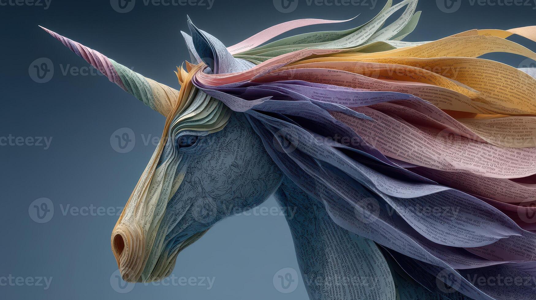 Colorful paper unicorn with flowing mane crafted from textured paper located in an imaginative art studio setting photo