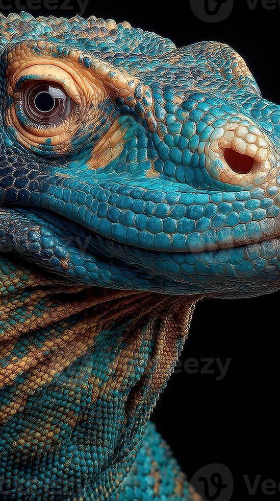 Colorful close-up of a blue lizard revealing intricate textures and patterns in its skin under studio lighting photo