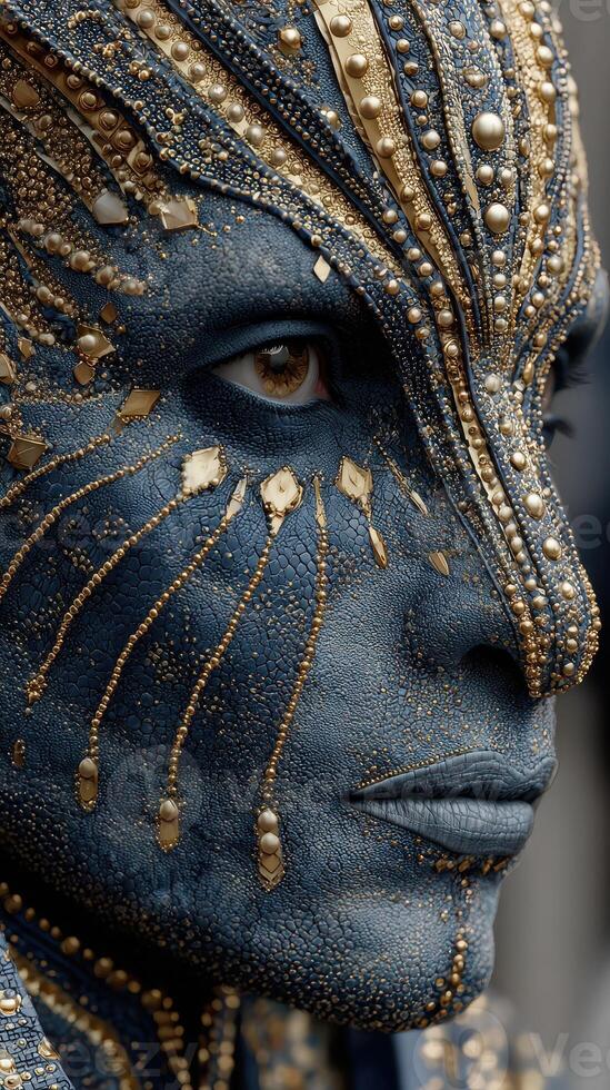 Intricate blue and gold face makeup worn by performer at a cultural festival in a vibrant, artistic setting photo