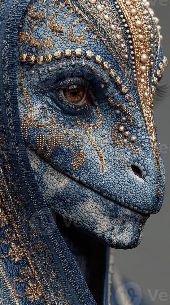 Intricate blue lizard creature adorned with gold and jewels in a close-up display of art and craftsmanship photo