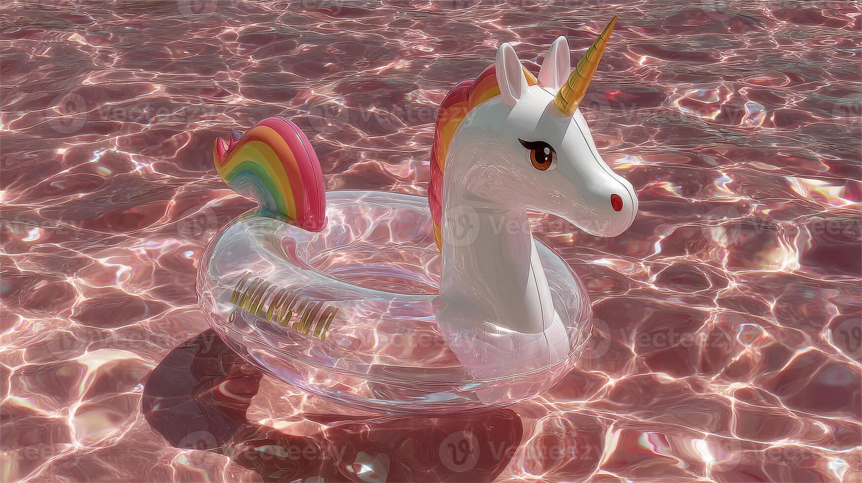 Colorful unicorn float rests in shimmering pool water on a sunny summer day photo