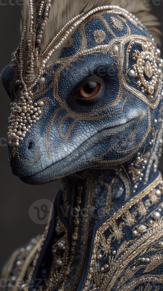 Intricate blue-scaled creature adorned in elaborate jewelry showcases unique cultural attire photo