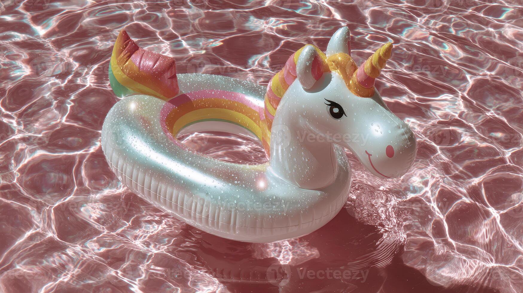 Colorful unicorn floaty drifting in a sparkling pool under bright sunlight during summer photo