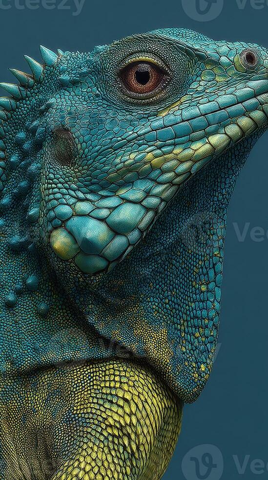 Vibrant lizard with intricate textures displaying bright blue and green hues against a contrasting background photo