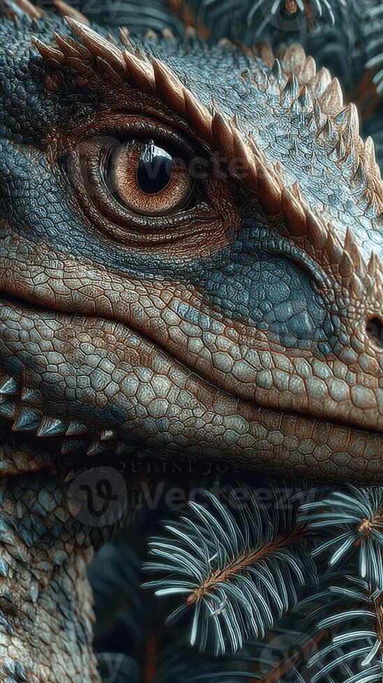 Detailed close-up of a dinosaur eye against a backdrop of evergreen foliage in a prehistoric landscape photo