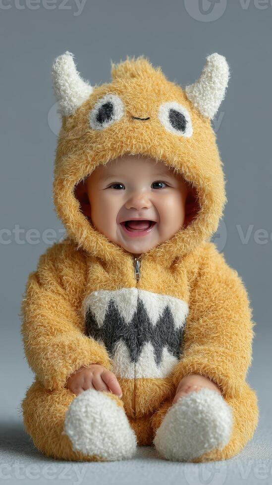 Baby in a fuzzy monster outfit smiles happily on a gray background during a playful indoor photoshoot photo