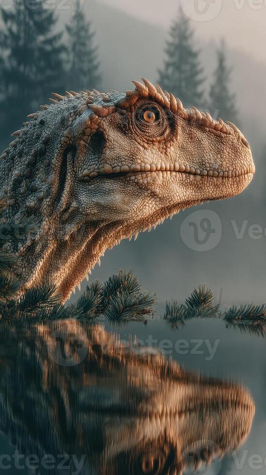 Realistic dinosaur emerges from misty forest near tranquil water during early morning hours photo