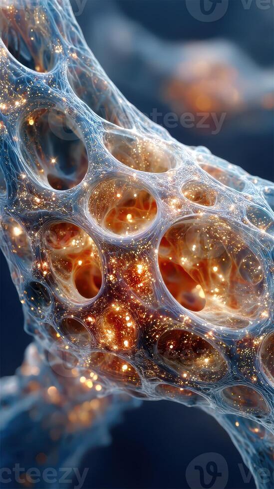 Intricate close-up of bioluminescent cells showcasing a captivating web of glowing structures photo
