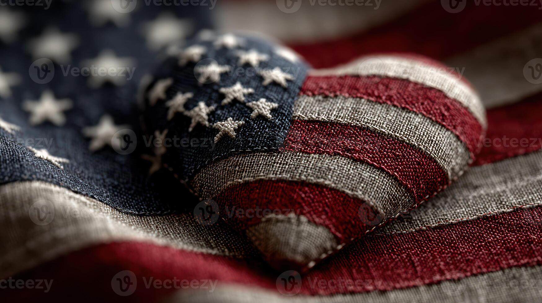 Heart-shaped object with stars and stripes resting on American flag fabric, symbolizing patriotism and love for the nation photo