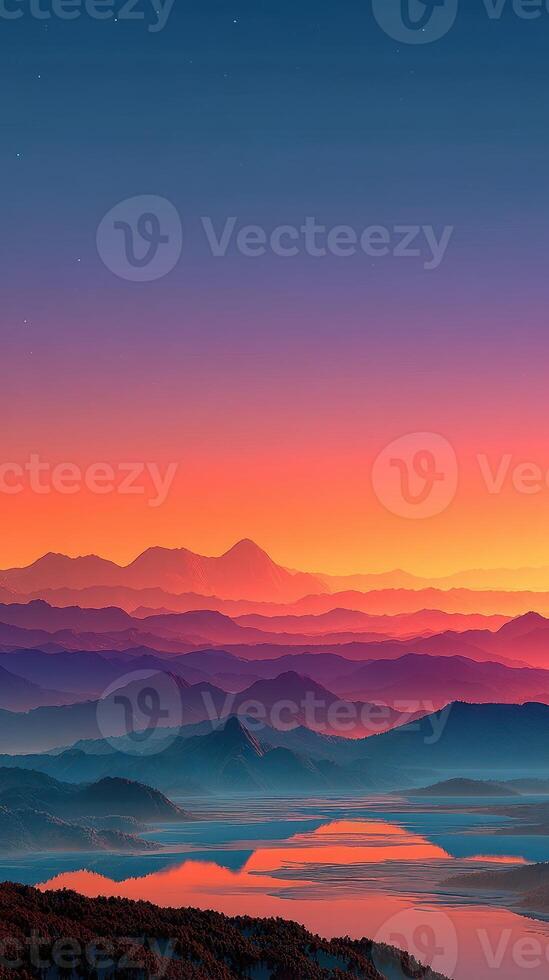 Vibrant sunrise illuminating mountain ranges and tranquil lake in tranquil landscape at dawn photo