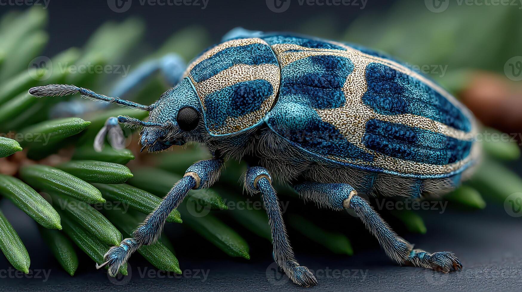 Vibrant blue beetle perched on green pine needles in a natural setting, showcasing intricate details and textures photo
