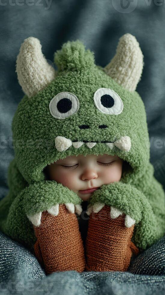 Cute baby in green monster outfit napping peacefully in cozy surroundings during winter season photo