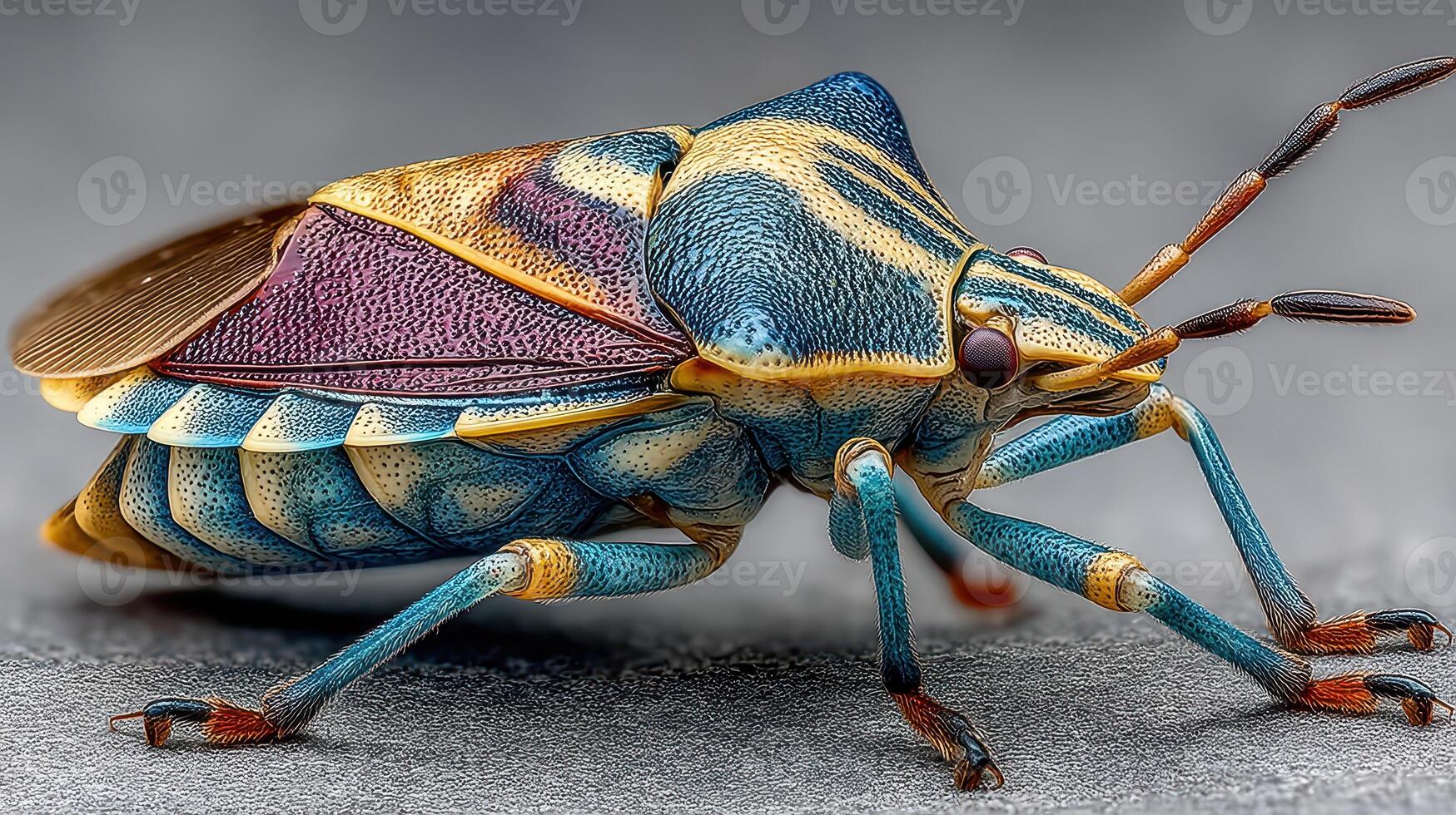 Brightly colored insect with intricate patterns crawling on a surface in a close-up view photo