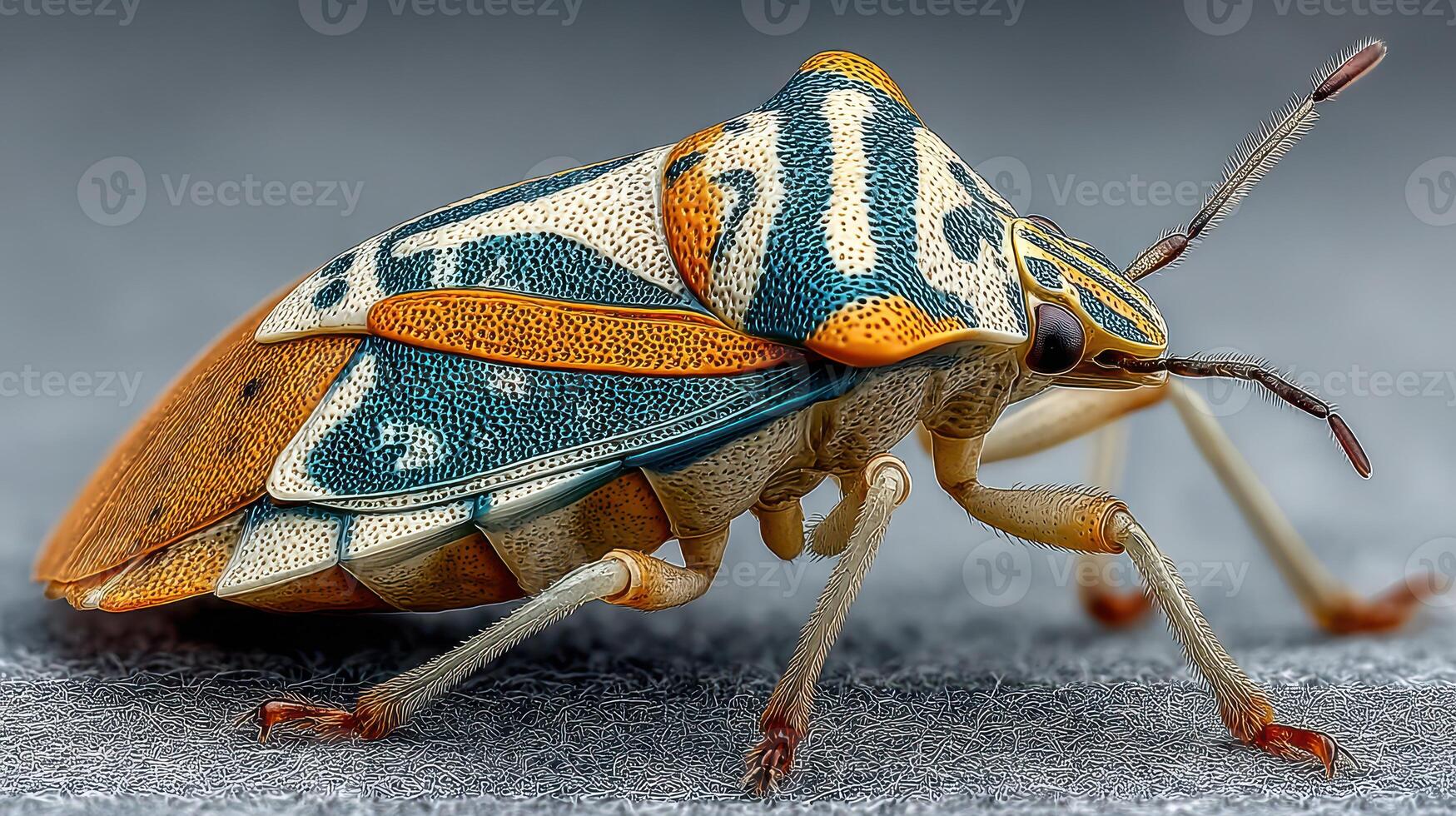 Colorful insect macro shot featuring intricate patterns and textures in a natural setting photo