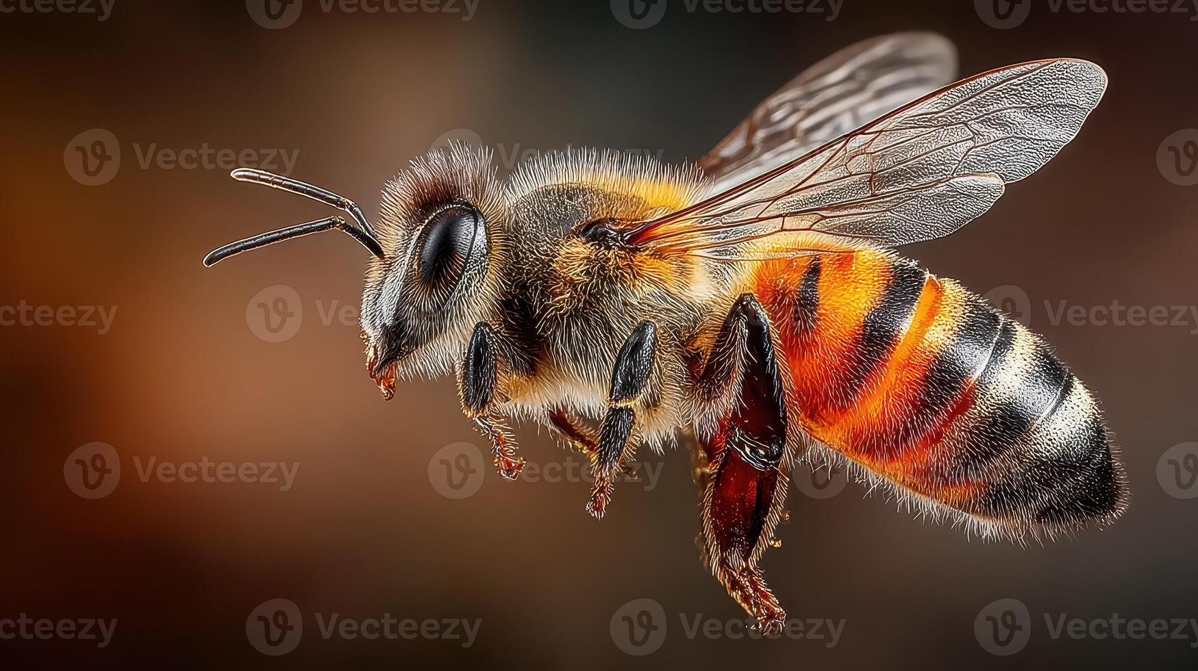 Close-up view of a bee in flight showcasing detailed features and vibrant colors during a sunny afternoon photo