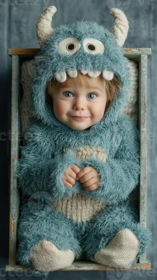 Cute toddler in monster costume smiles from wooden crate during indoor photoshoot in soft lighting photo