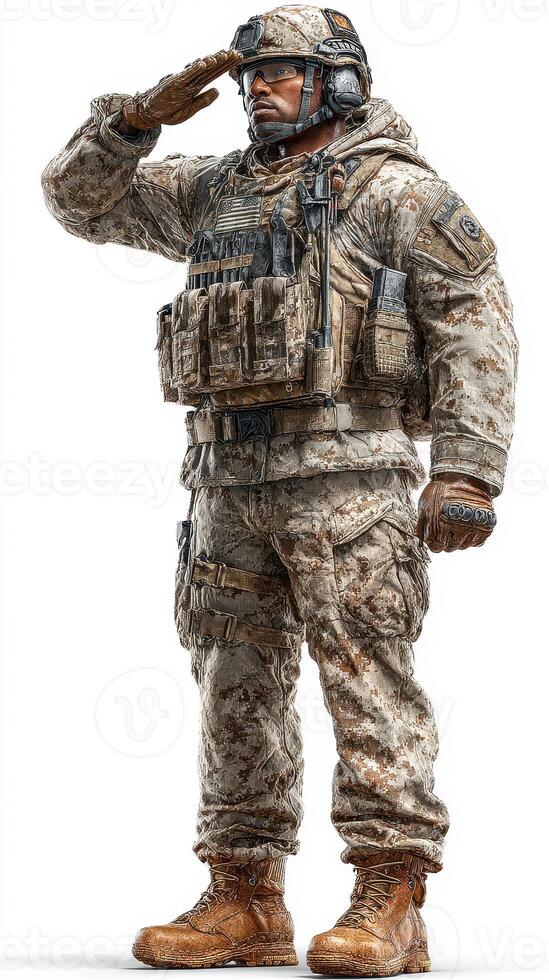 Soldier saluting in tactical uniform with camouflage pattern in a neutral background during military exercise photo