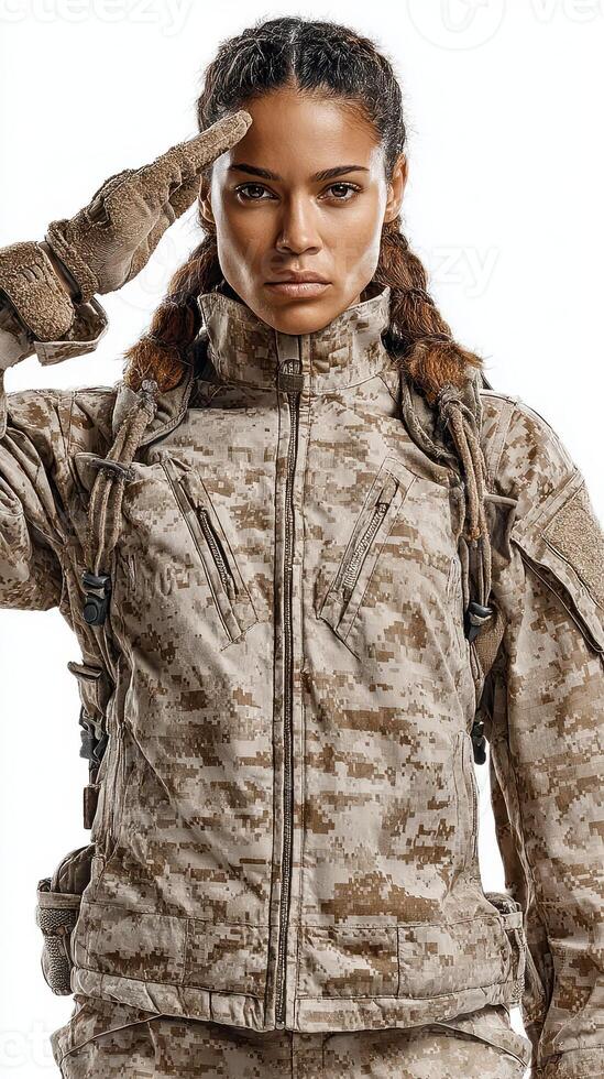 Female soldier in desert camouflage uniform saluting with determination and strength in a powerful pose photo