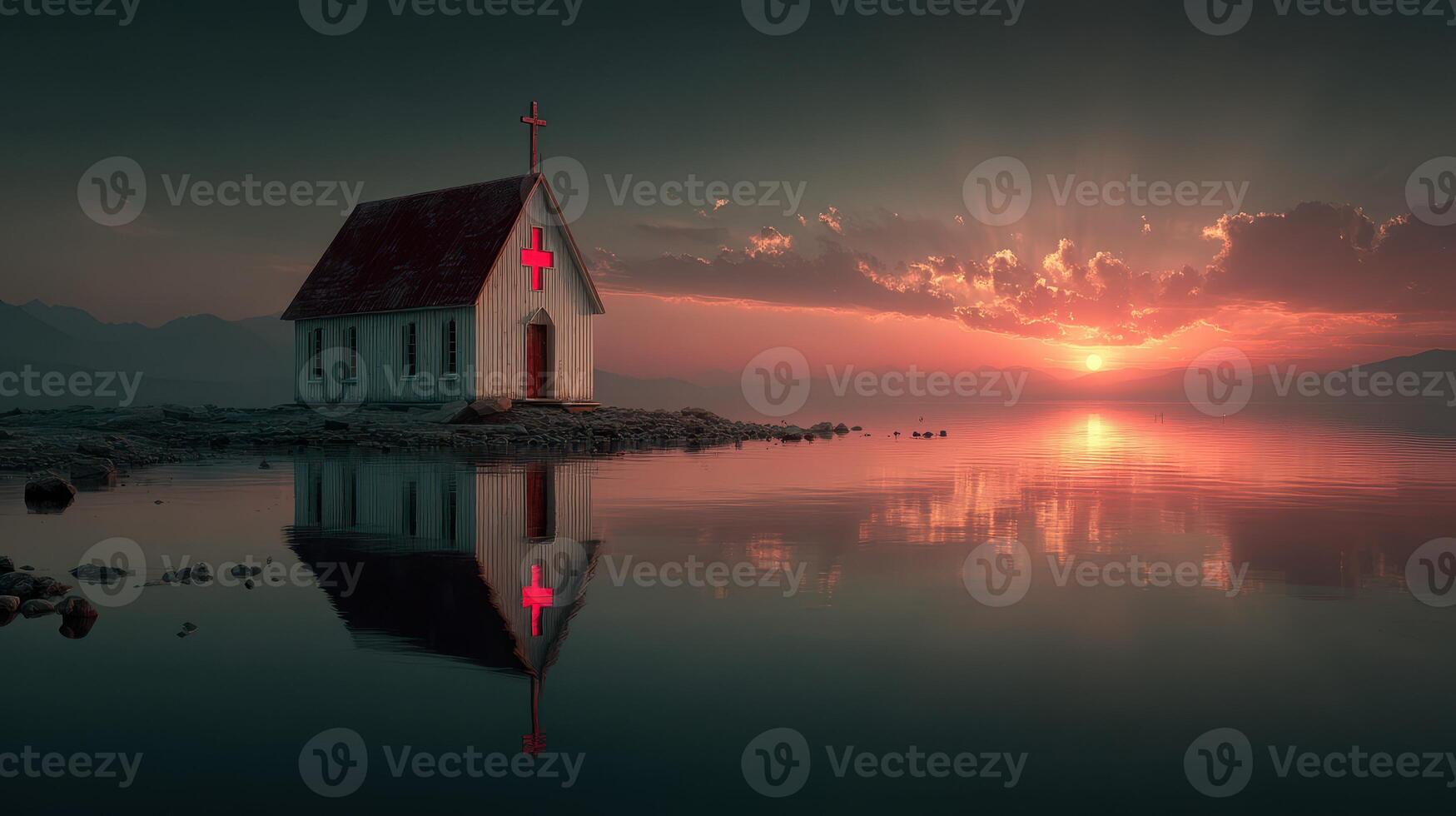Serene church by the lake at sunset with vibrant reflections and tranquil atmosphere photo