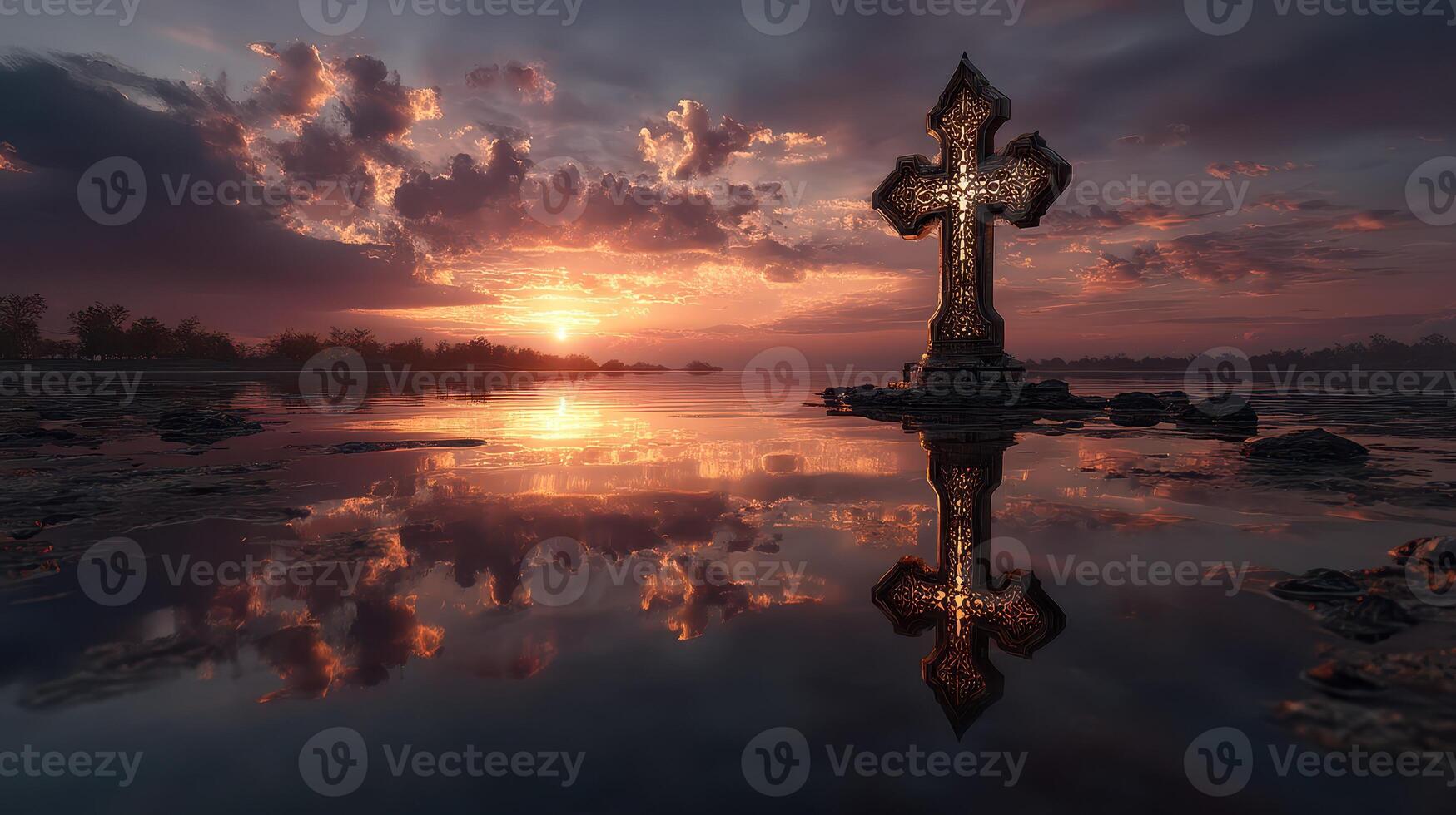 Stunning sunset reflection over a cross in a serene landscape near a still water body photo