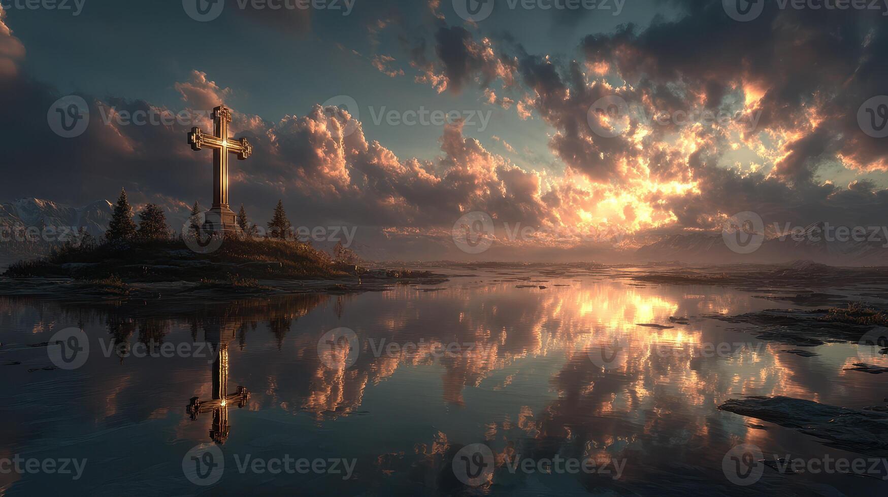 Sunrise over a serene lake with a cross silhouette amidst clouds and natural beauty in a tranquil setting photo