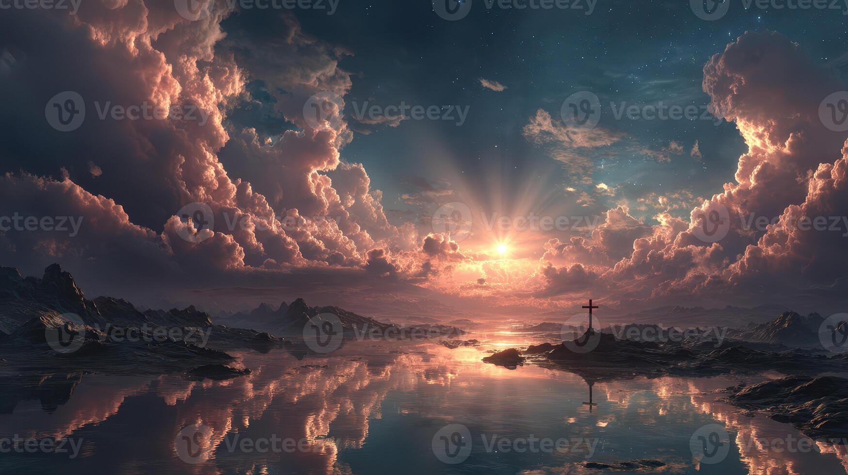 Sunrise over still waters with clouds reflecting vibrant colors in a serene landscape photo