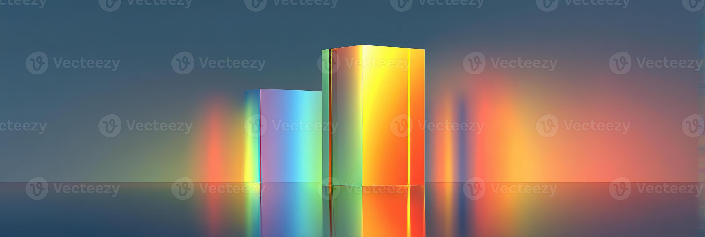 Colorful geometric shapes reflecting light in a modern abstract art setting photo