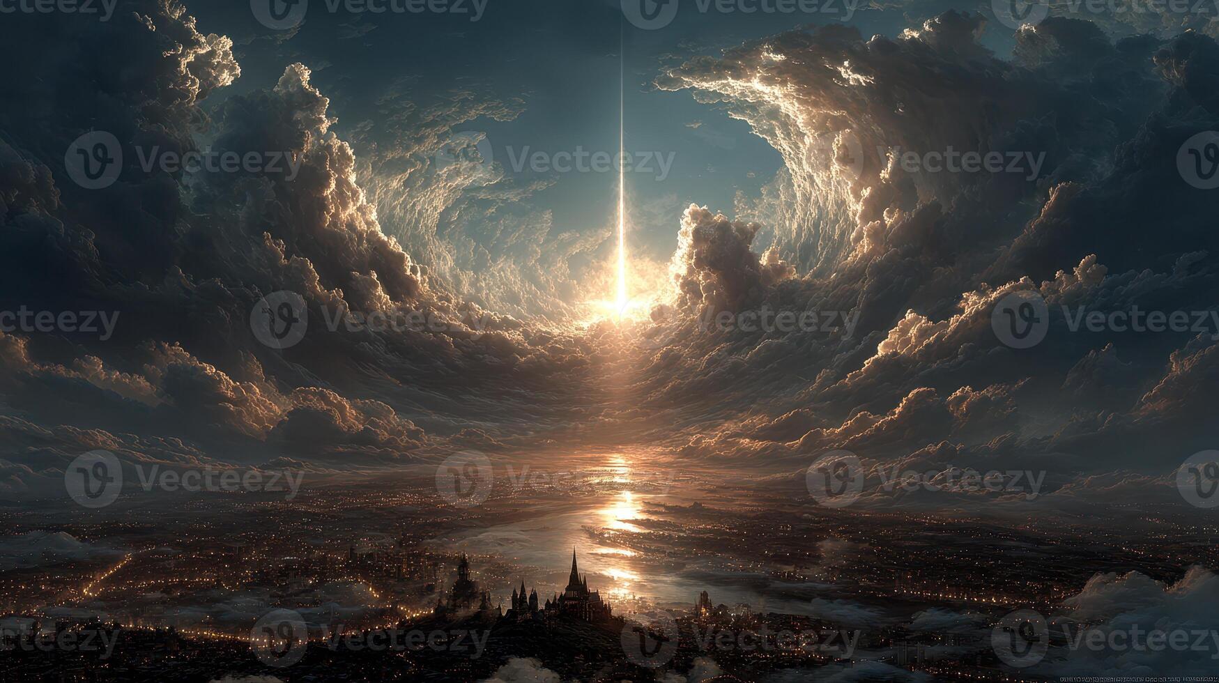Breathtaking view of a radiant sunset illuminating clouds over a distant cityscape and water body during twilight photo