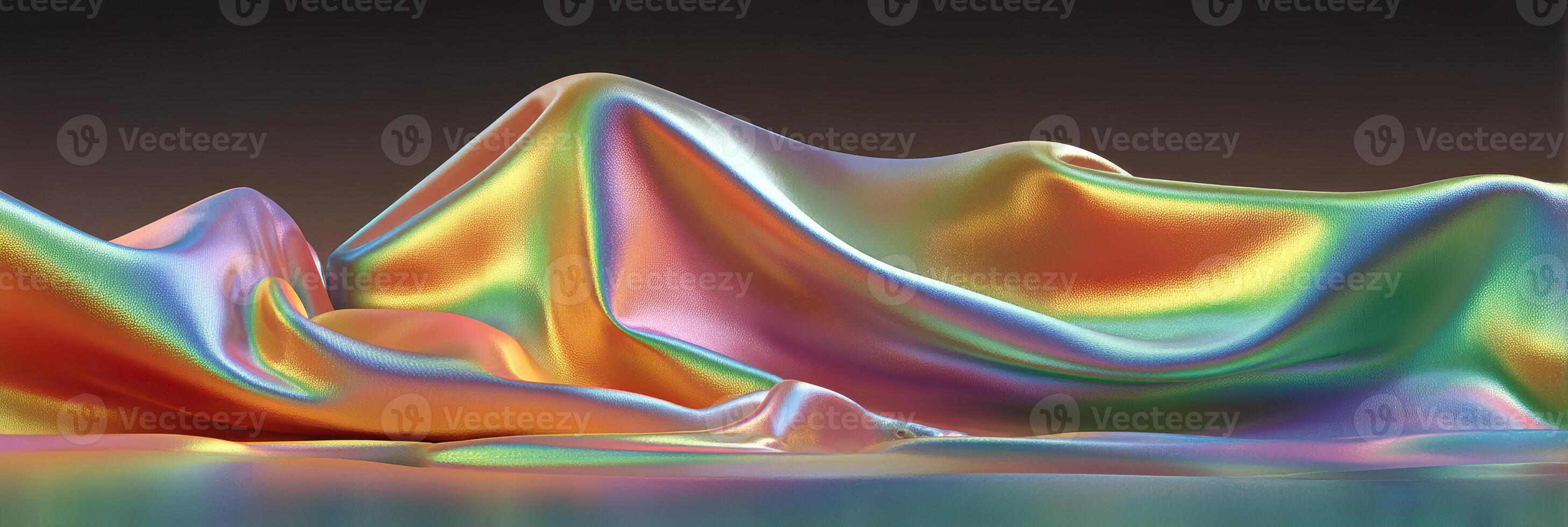 Colorful satin fabric gently drapes over a surface, creating a flowing and dynamic visual display in soft lighting photo