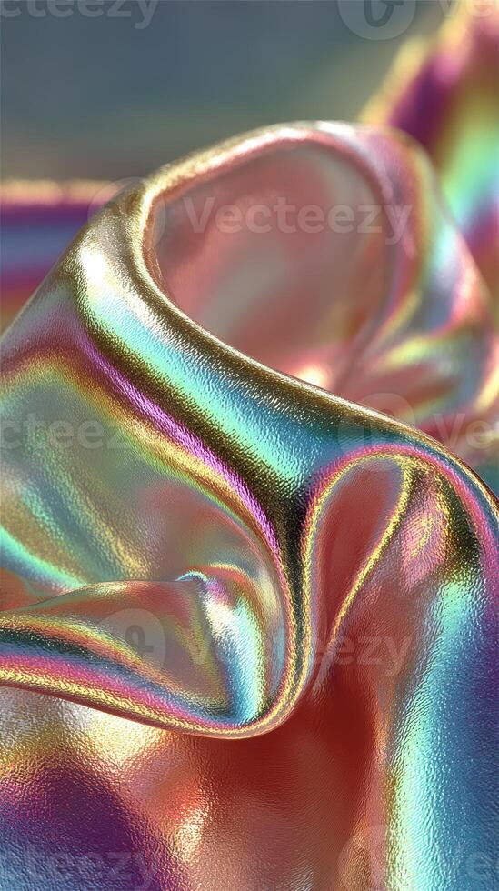 Colorful iridescent fabric draped elegantly with soft folds reflecting light in a serene setting photo