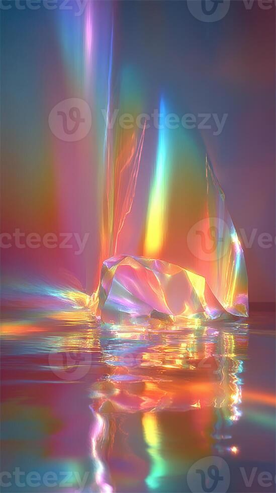 Colorful light reflections on a crystal formation in a serene body of water during sunset photo
