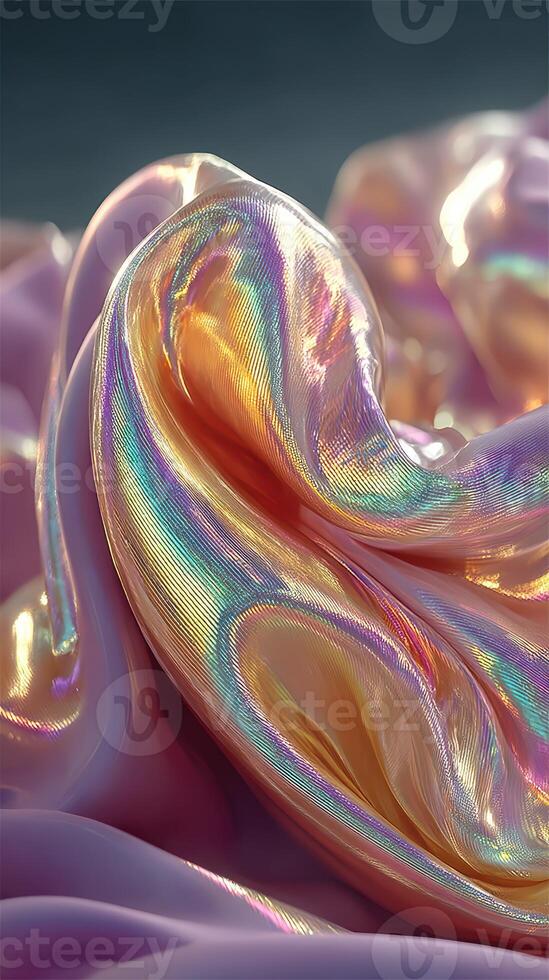 Iridescent fabric folds shimmering under soft light showcasing textures and colors in artistic display photo