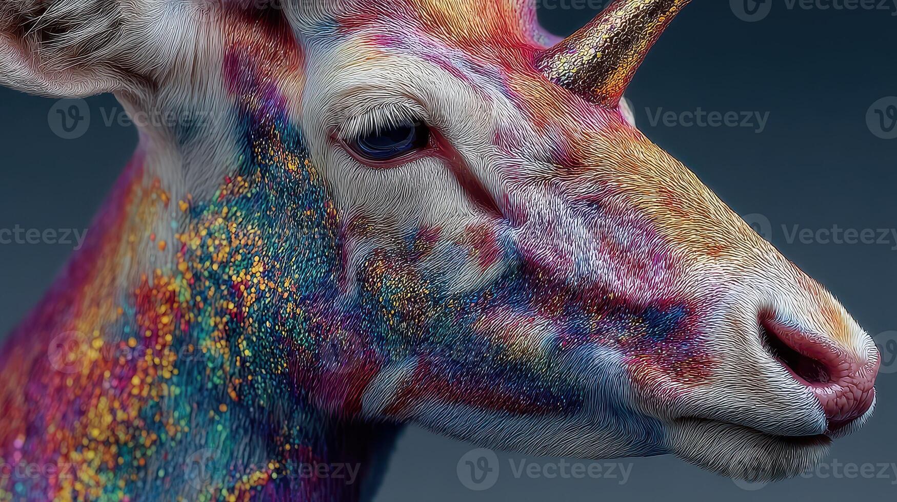 Colorful giraffe head with unique texture and vibrant patterns in a creative artistic rendering photo