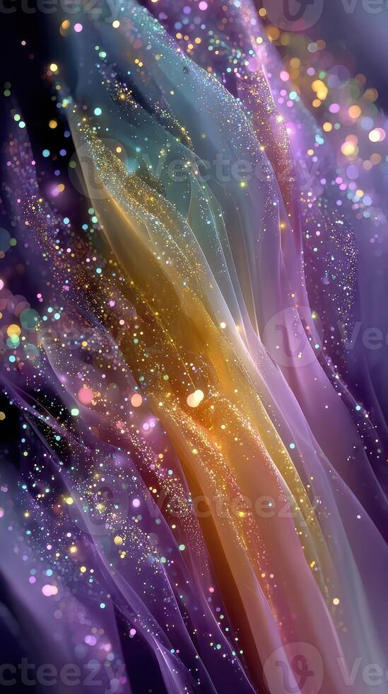 Colorful abstract design with flowing lines and sparkling dots in shades of purple and gold photo
