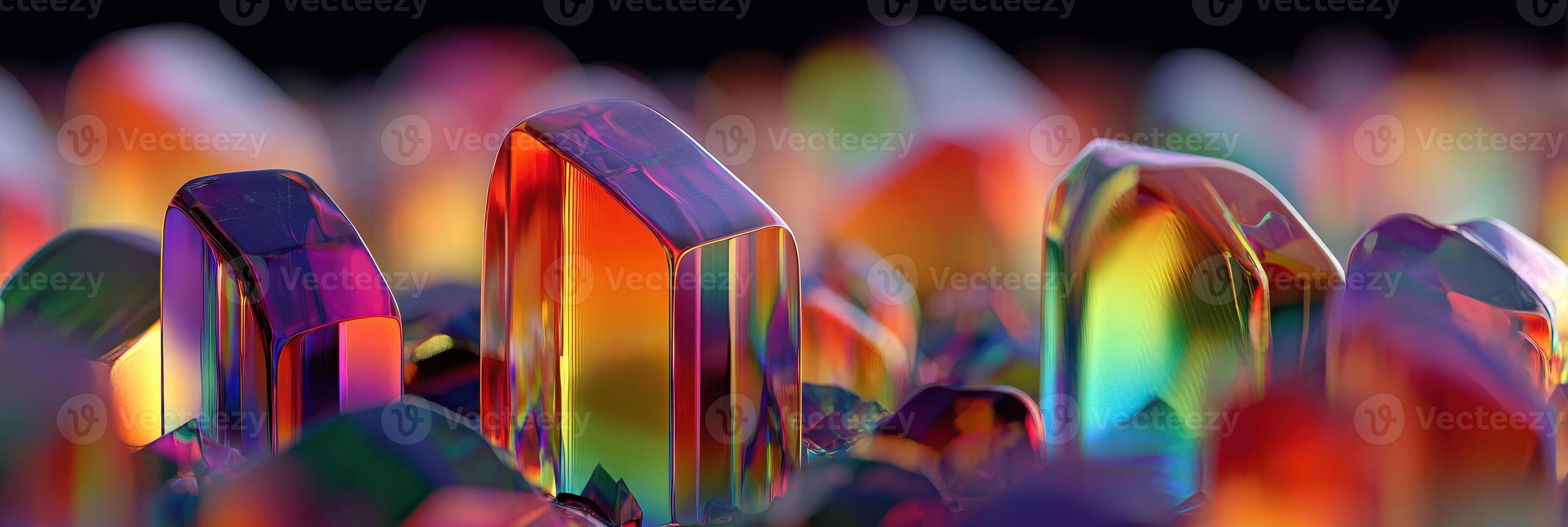 Colorful crystals shimmering in vibrant hues arranged intricately on a dark surface photo