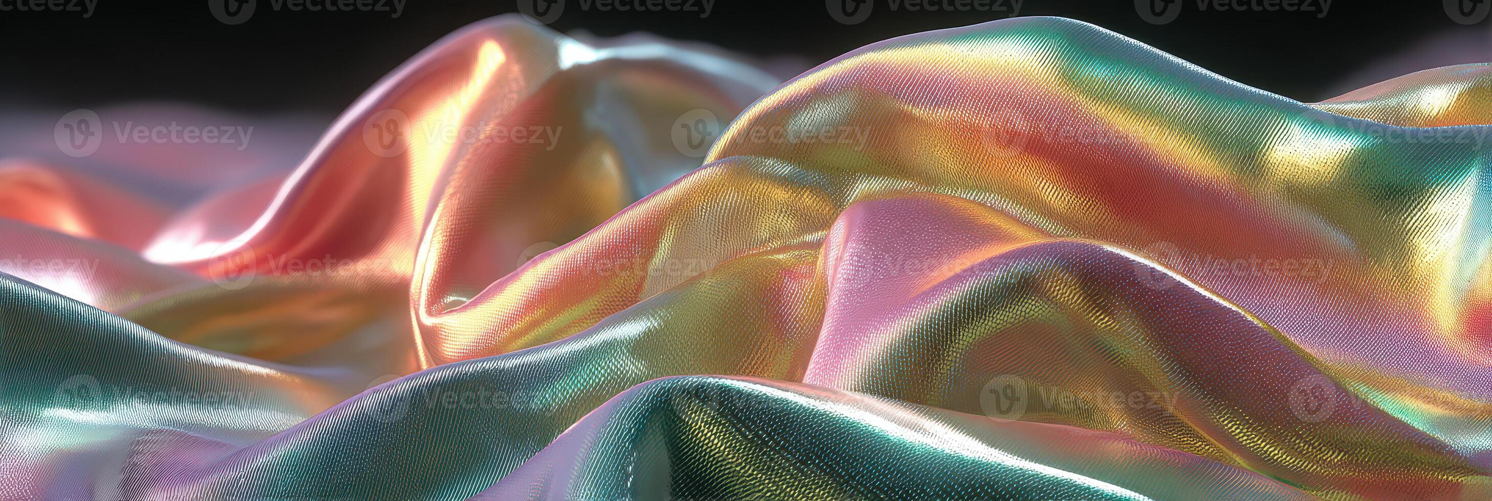 Colorful satin fabric drapes creating a mesmerizing wave pattern in soft lighting photo
