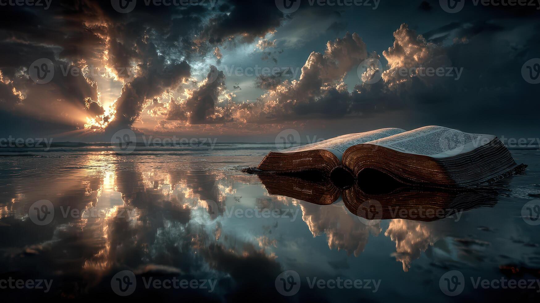 Sunset reflections over an open book on a tranquil beach during golden hour photo