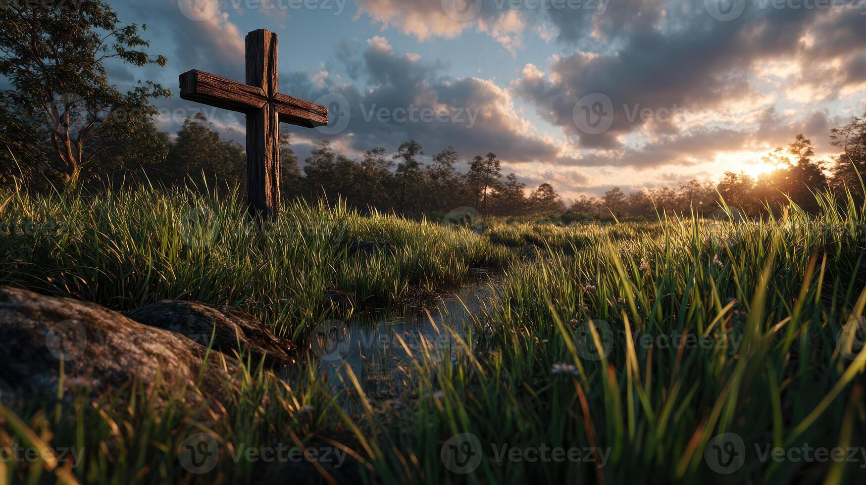Wooden cross stands amidst tall grass and rocks near a peaceful stream during sunset in a serene natural landscape photo