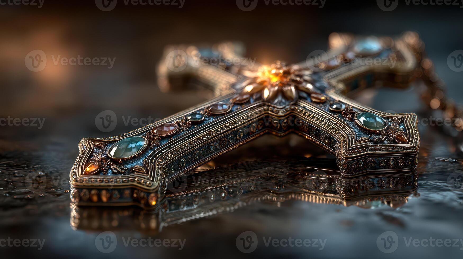 Intricately designed cross with ornate detailing rests on a reflective surface, showcasing craftsmanship and elegance photo