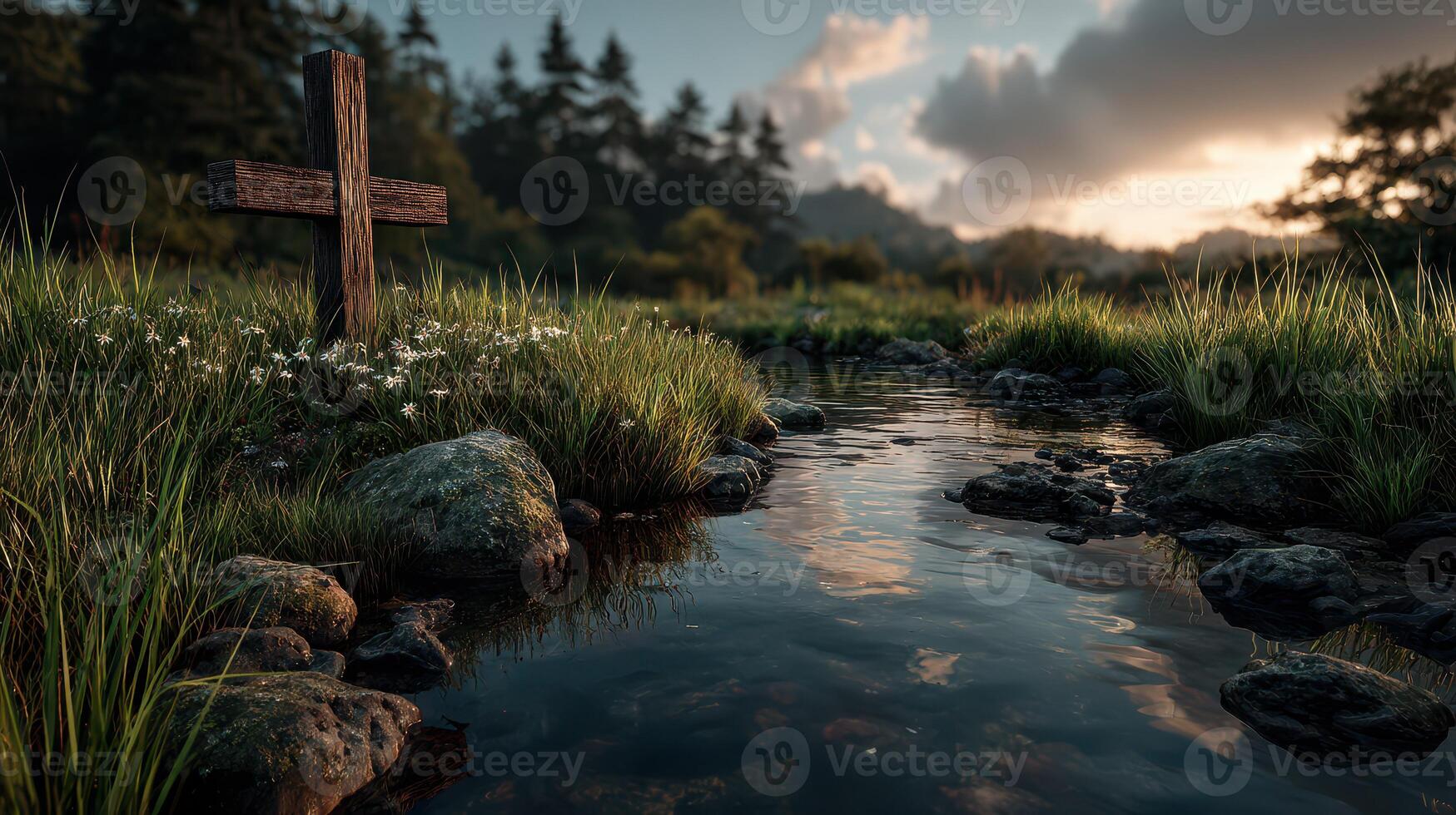 Tranquil stream with wooden cross surrounded by grass and wildflowers at sunset in a serene landscape photo