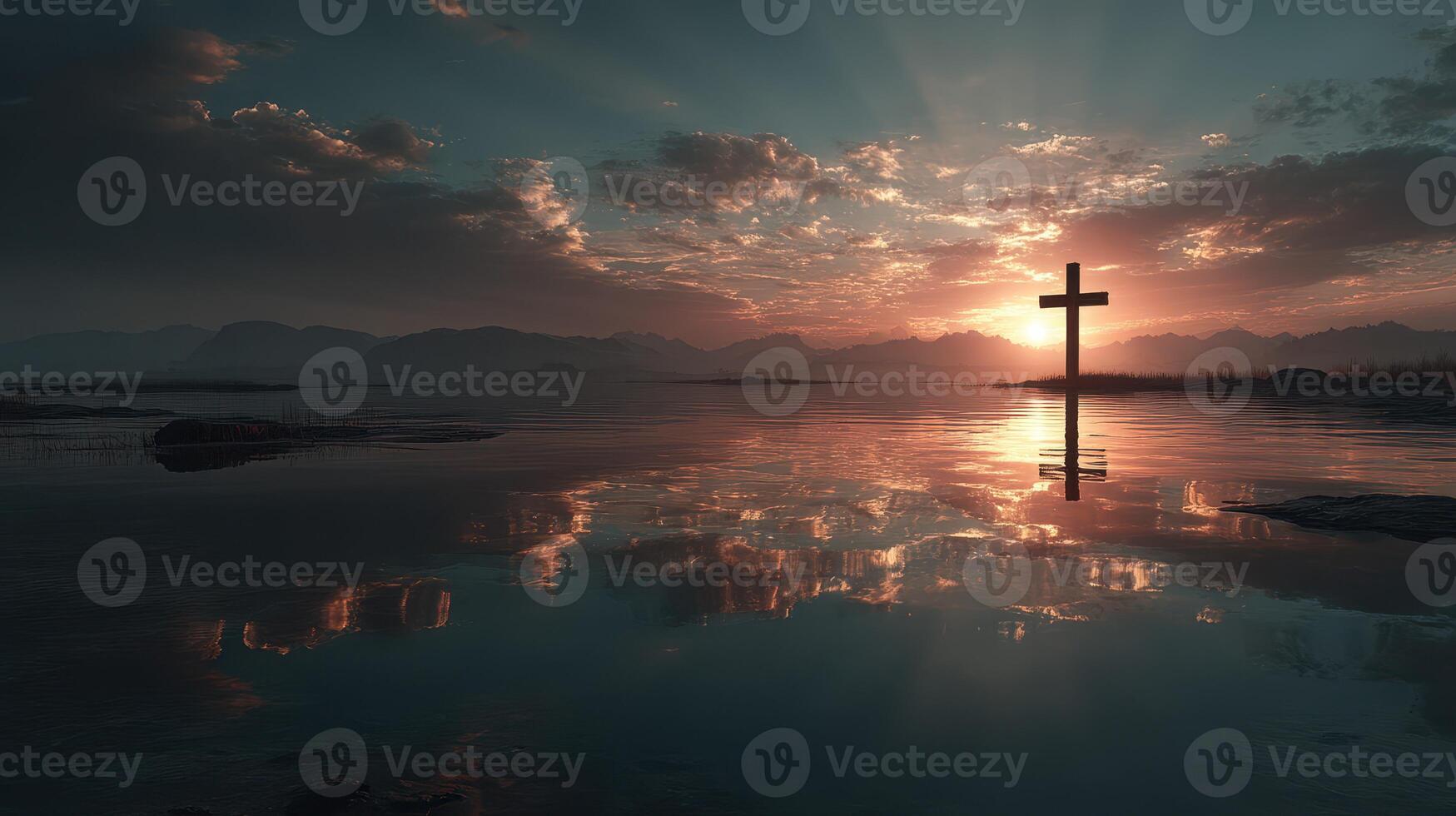 Sunset reflection over water with a cross silhouette in the foreground near a tranquil landscape photo