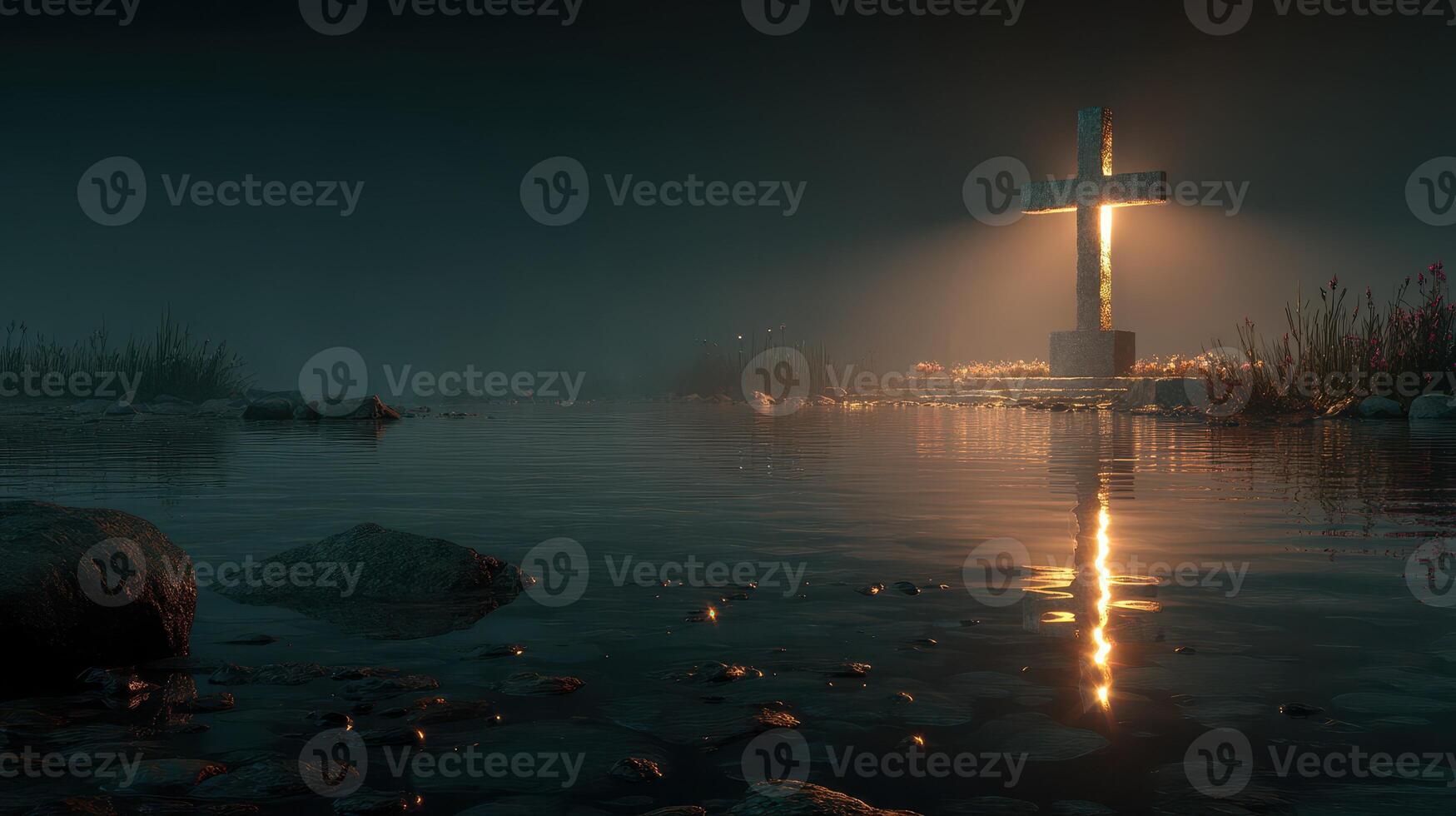 Cross illuminated by moonlight reflecting on still water in a serene, foggy setting at night photo
