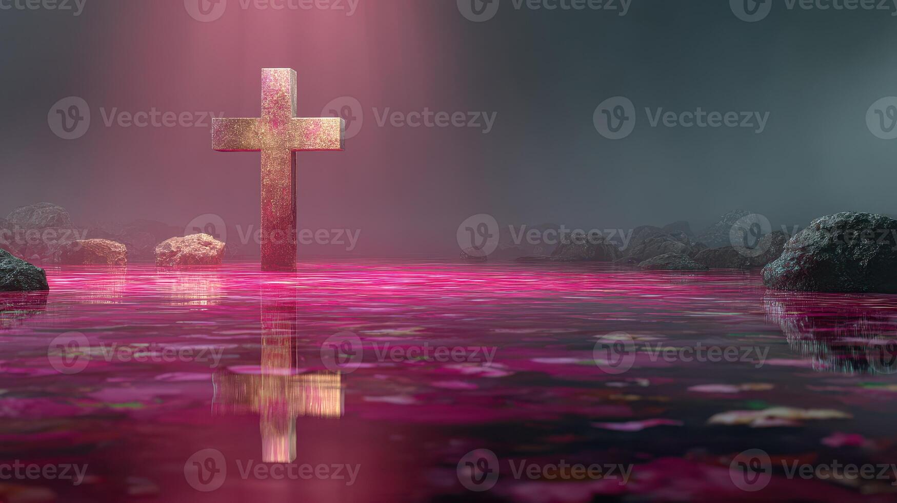 Glowing cross in a misty landscape surrounded by pink water and stones at twilight photo