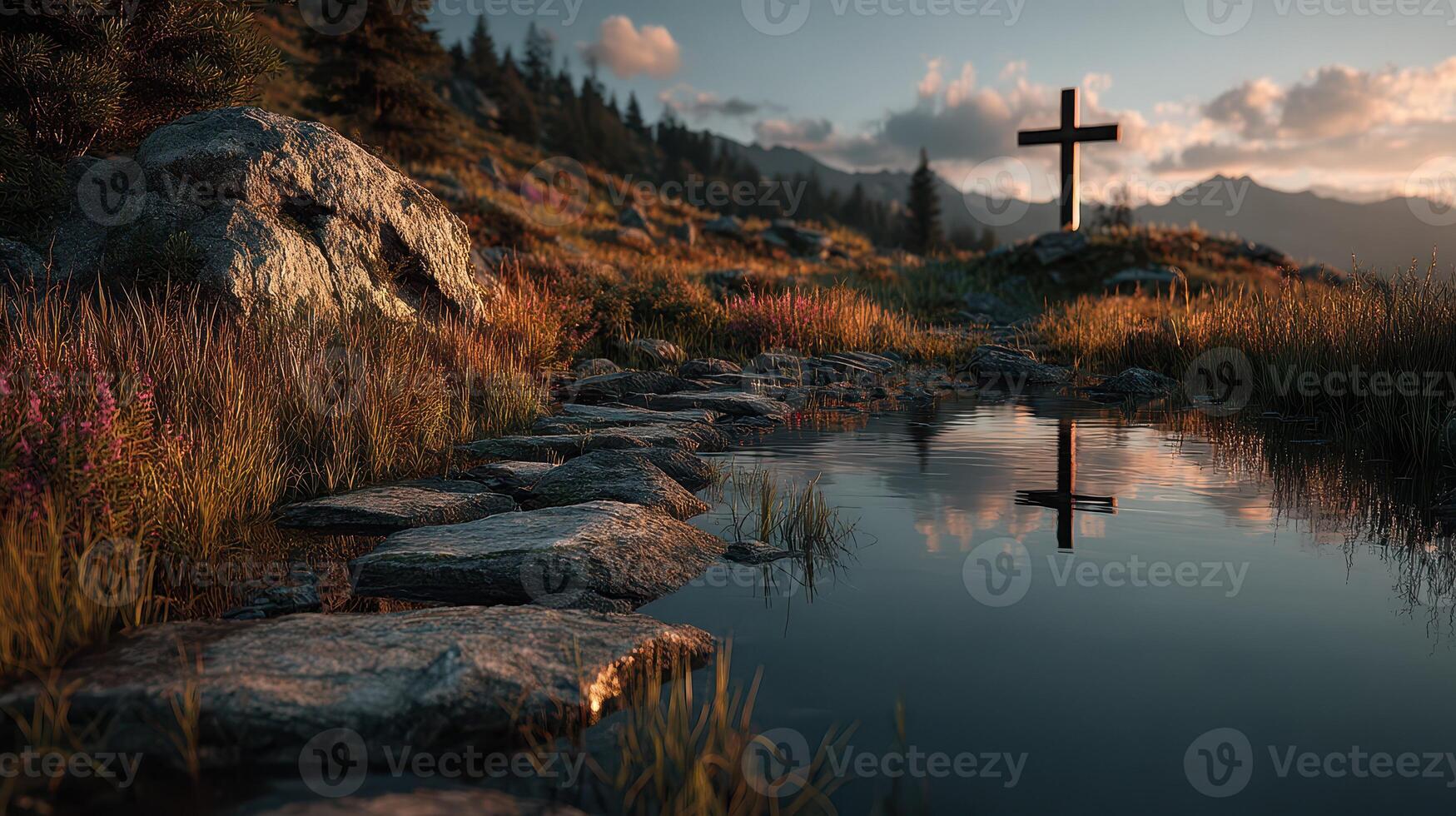 Serene landscape at sunset with reflection of cross in pond surrounded by mountains and fields photo