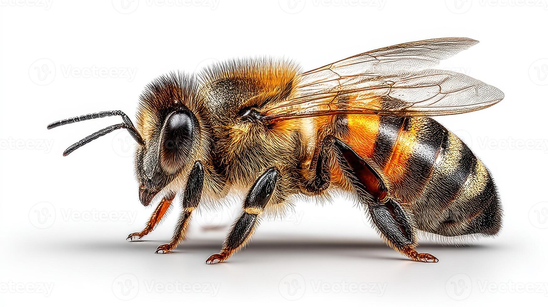 Close-up view of a honey bee displaying detailed features and vibrant colors in a studio setting during daylight photo